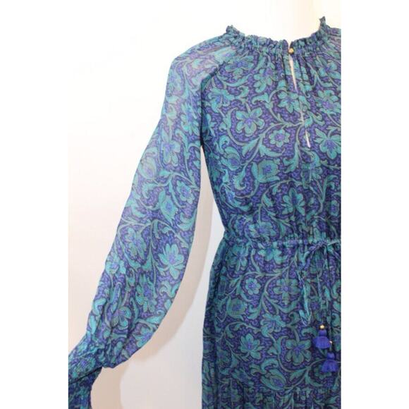 FIGUE Sz XS Blue Green Floral Kaia Smocked Dress Long Sleeve Boho - Picture 7 of 9